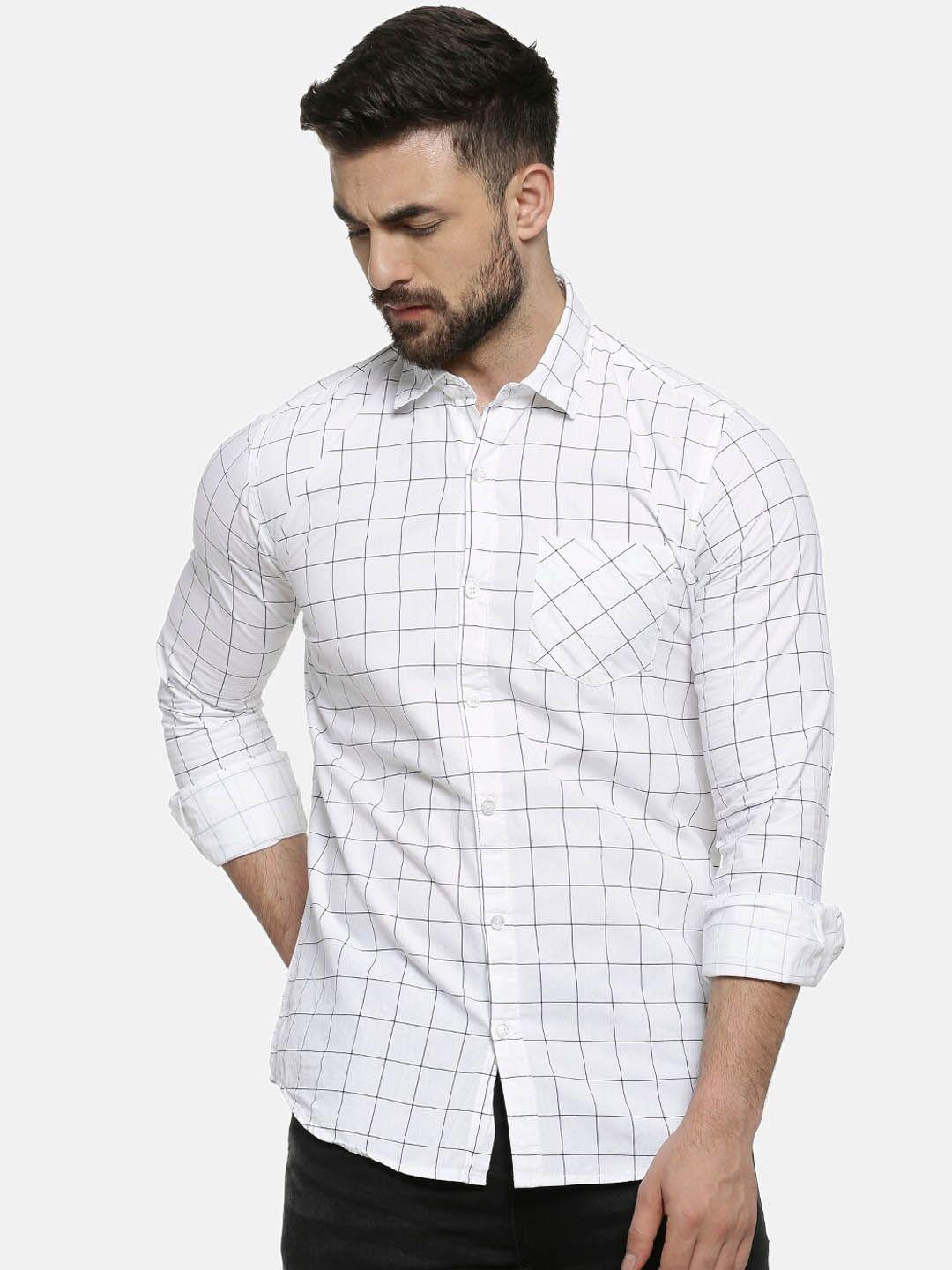 campus sutra men white & blue regular fit checked casual shirt
