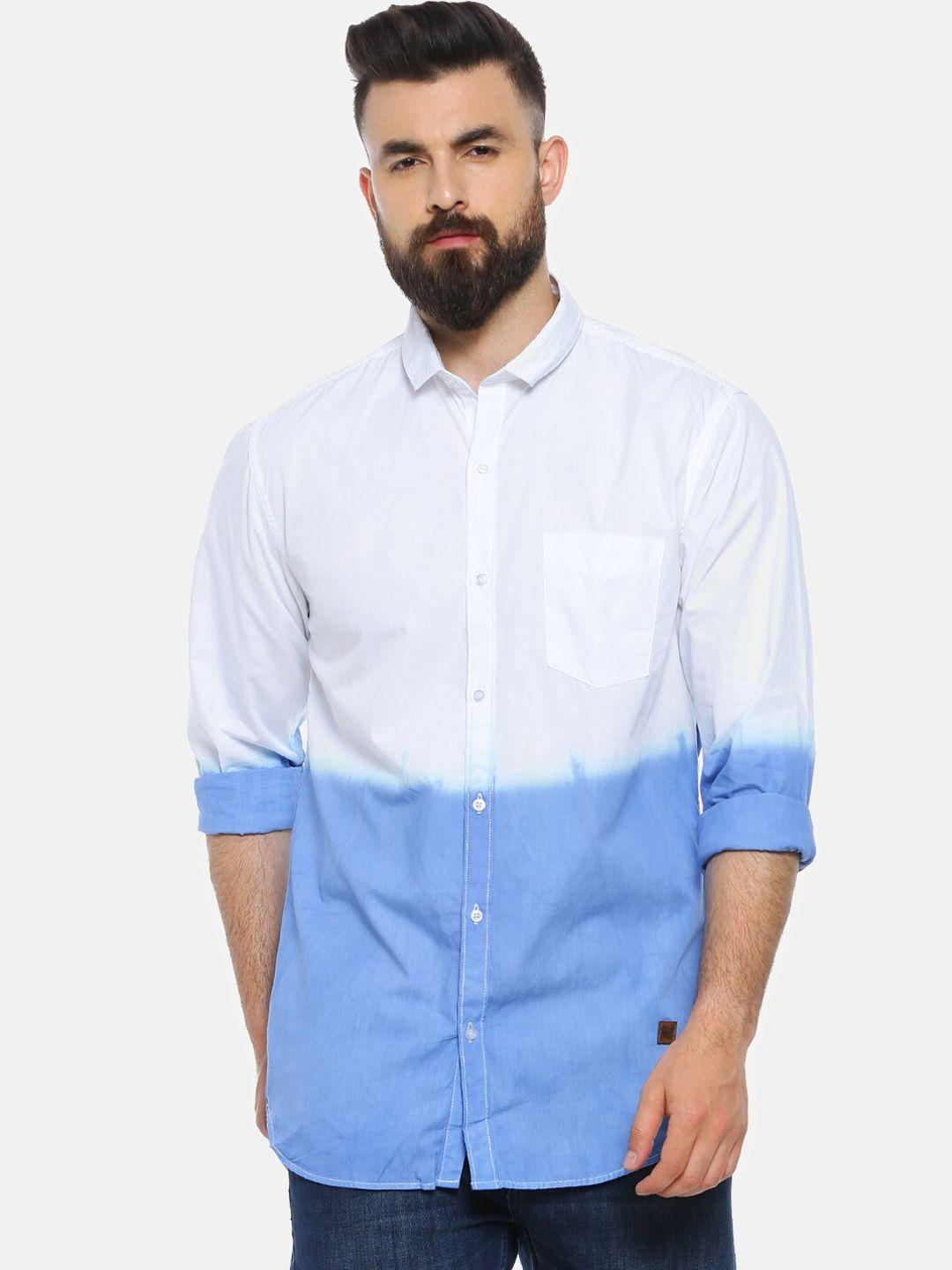campus sutra men white & blue regular fit colourblocked casual shirt