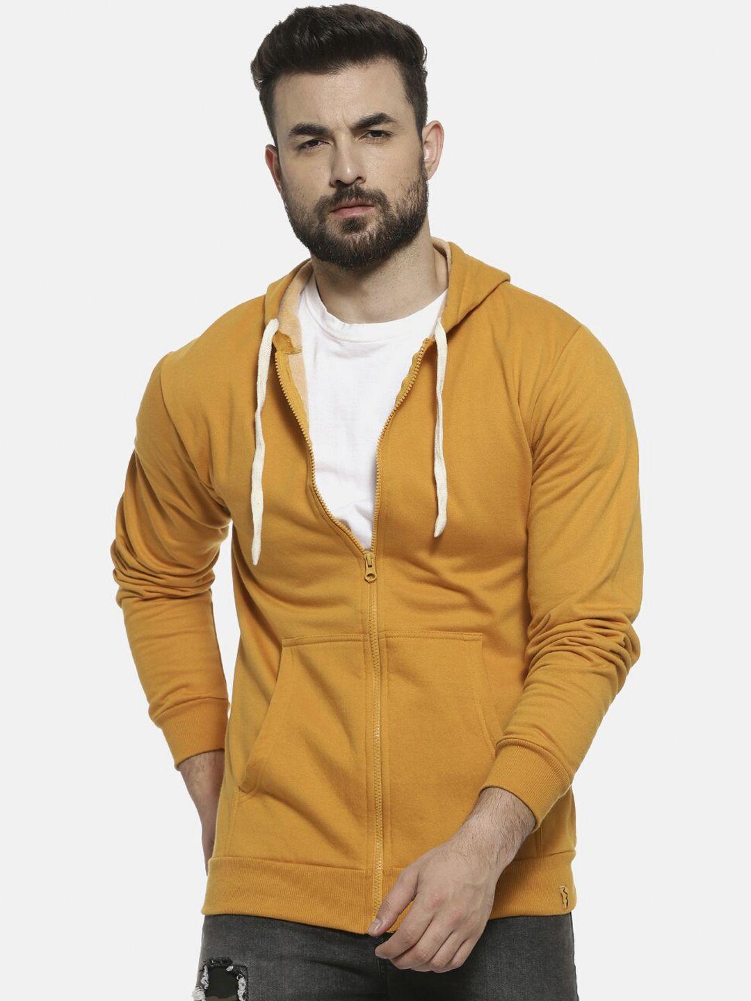 campus sutra men yellow solid hooded sweatshirt