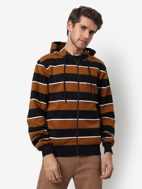 campus sutra multi cotton regular fit striped hooded sweatshirt