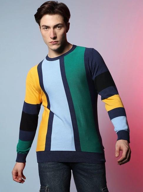 campus sutra multicoloured regular fit colour block sweaters