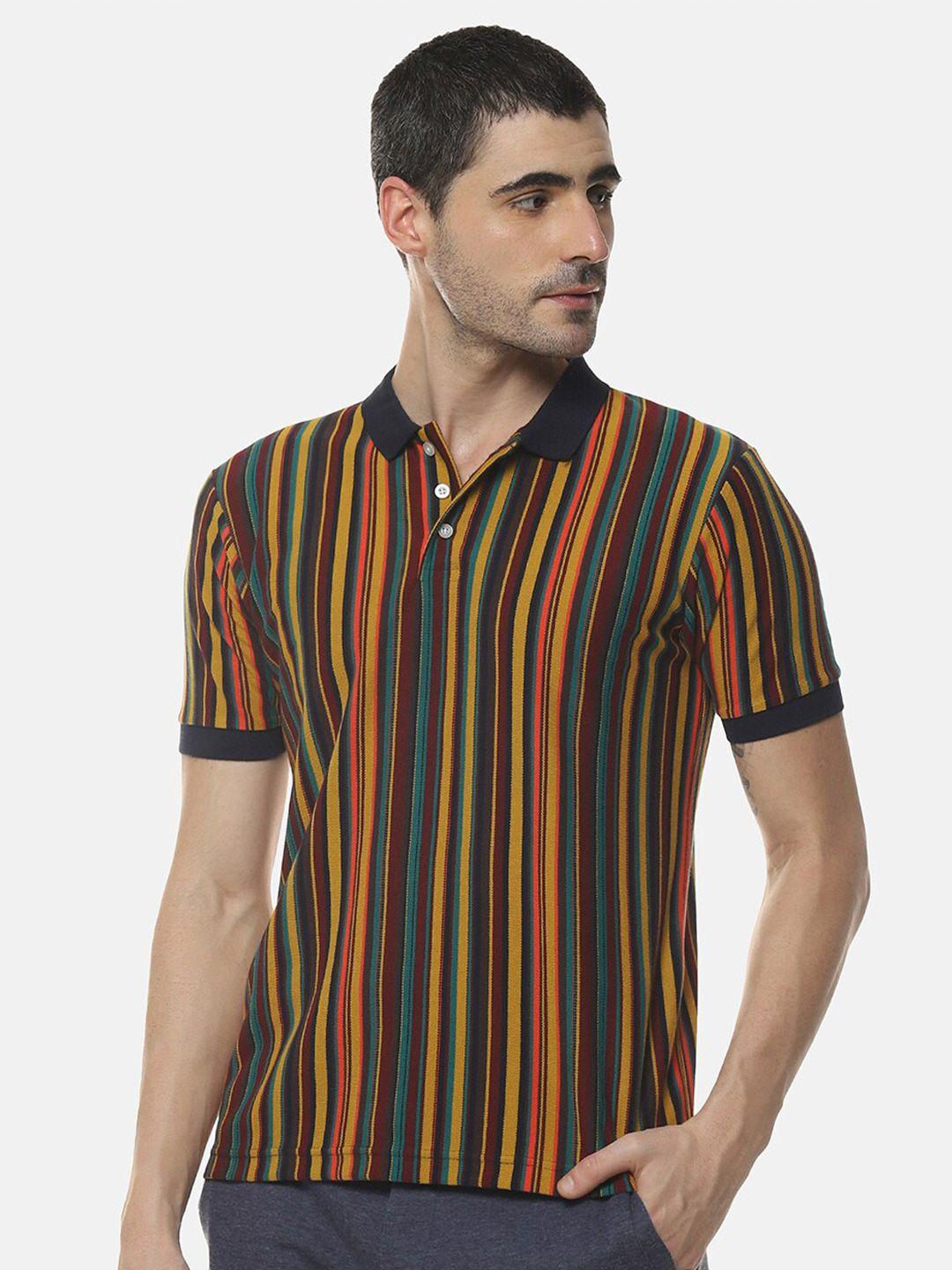 campus sutra musturd yellow striped polo collar cotton t-shirt