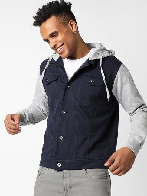 campus sutra navy blue & grey cotton regular fit colour block hooded jacket