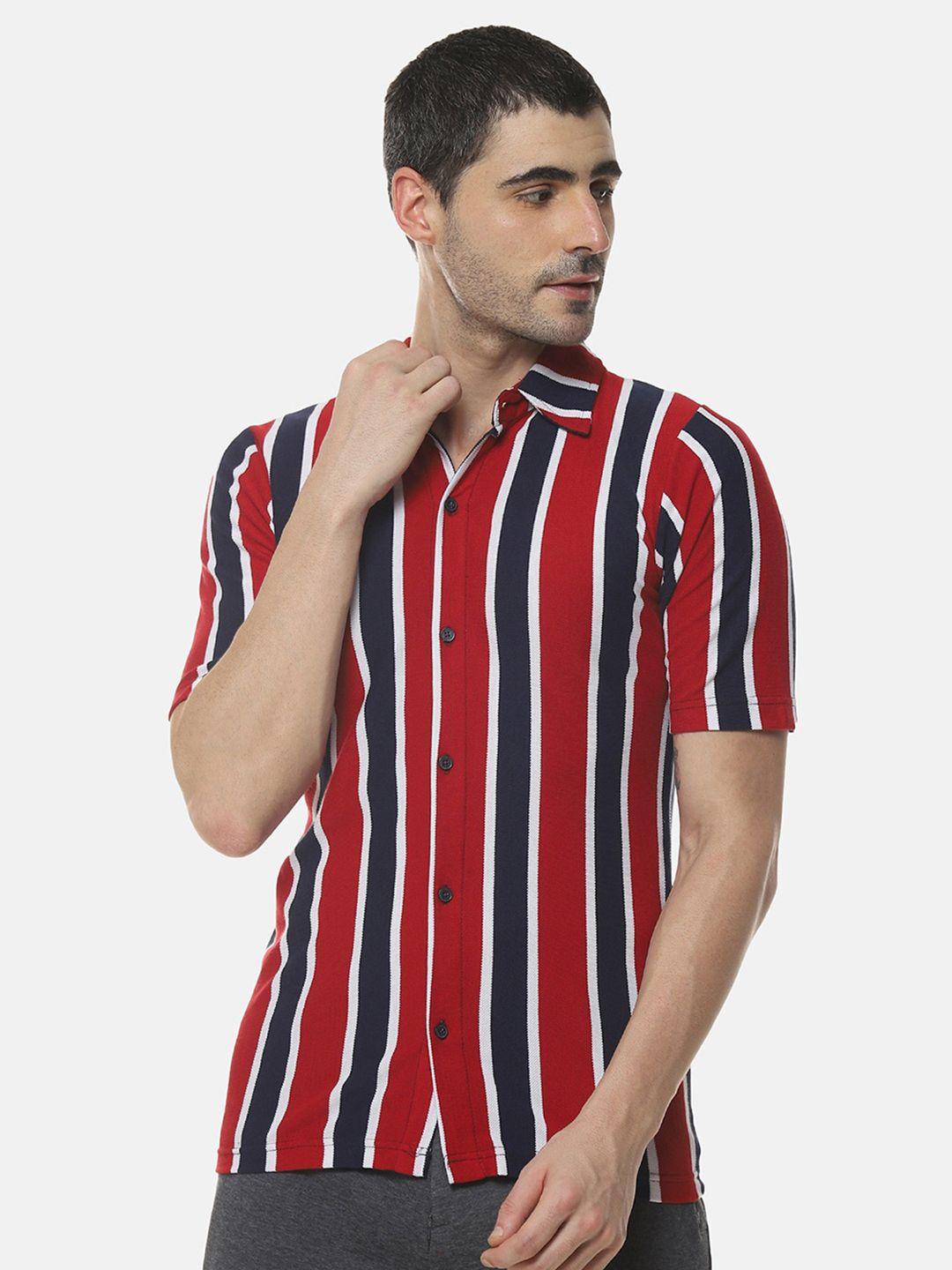 campus sutra navy blue & red striped classic cotton casual shirt