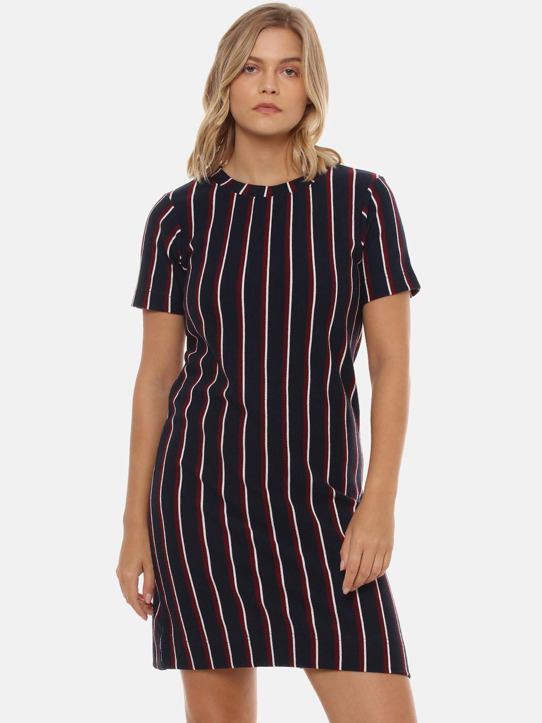 campus sutra navy blue & white striped cotton t-shirt dress