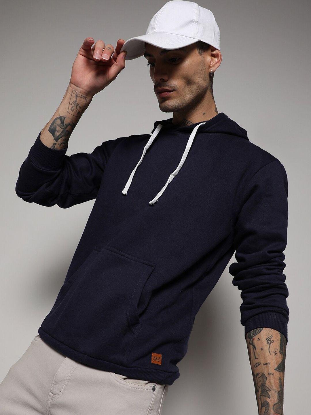 campus sutra navy blue hooded cotton sweatshirt