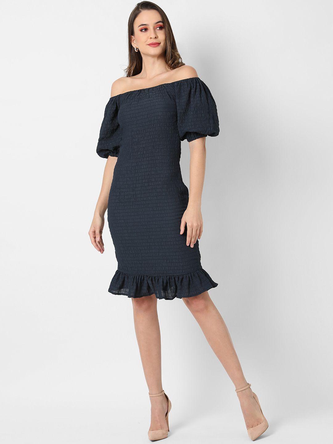 campus sutra navy blue off-shoulder crepe sheath dress