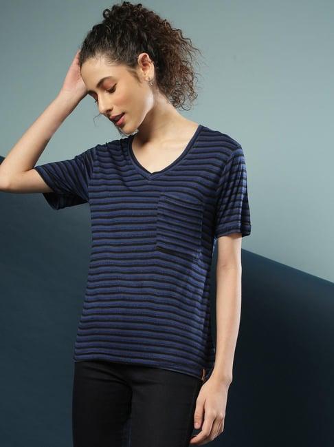 campus sutra navy blue striped top