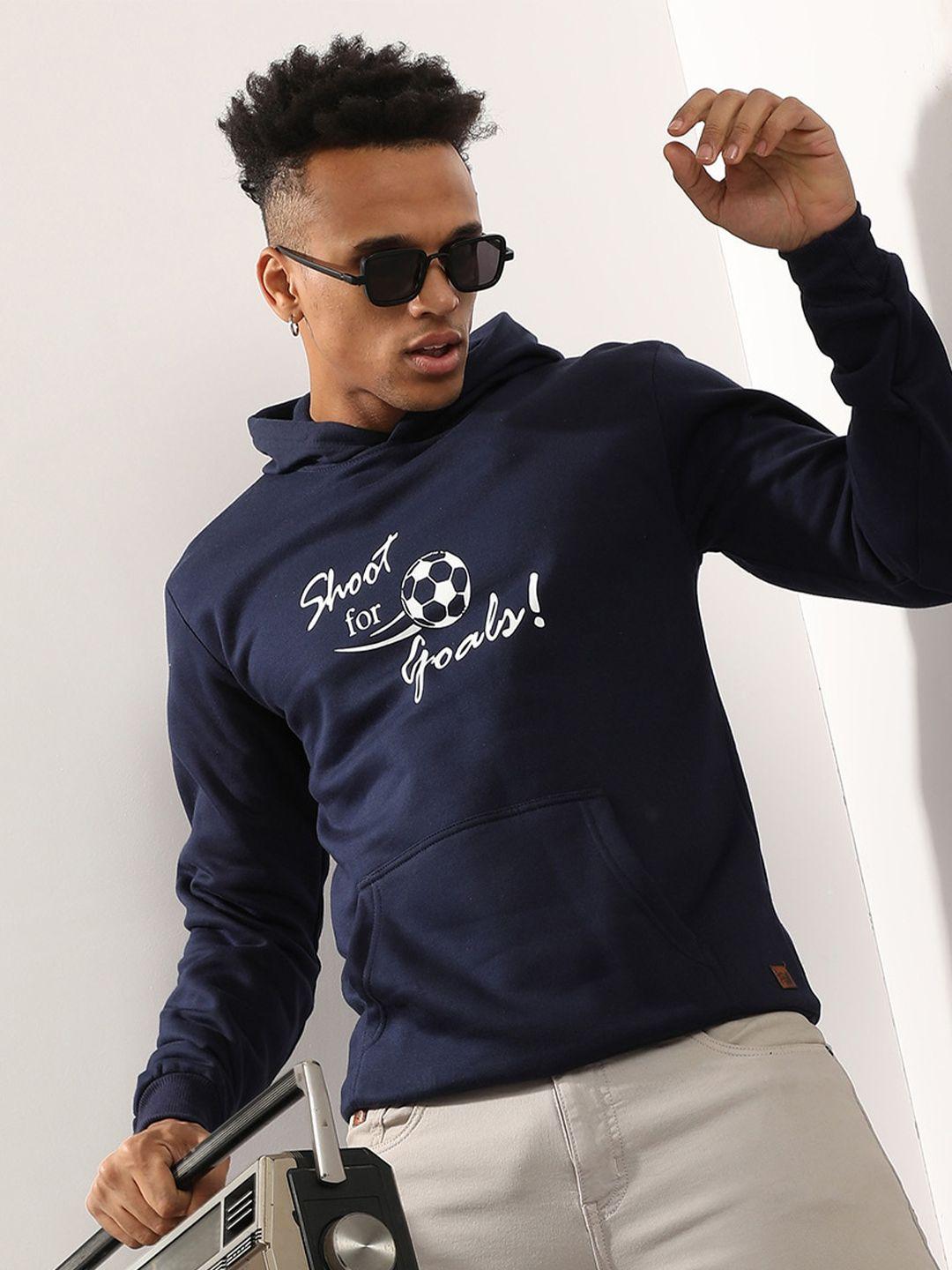 campus sutra navy blue typography printed hooded cotton sweatshirt