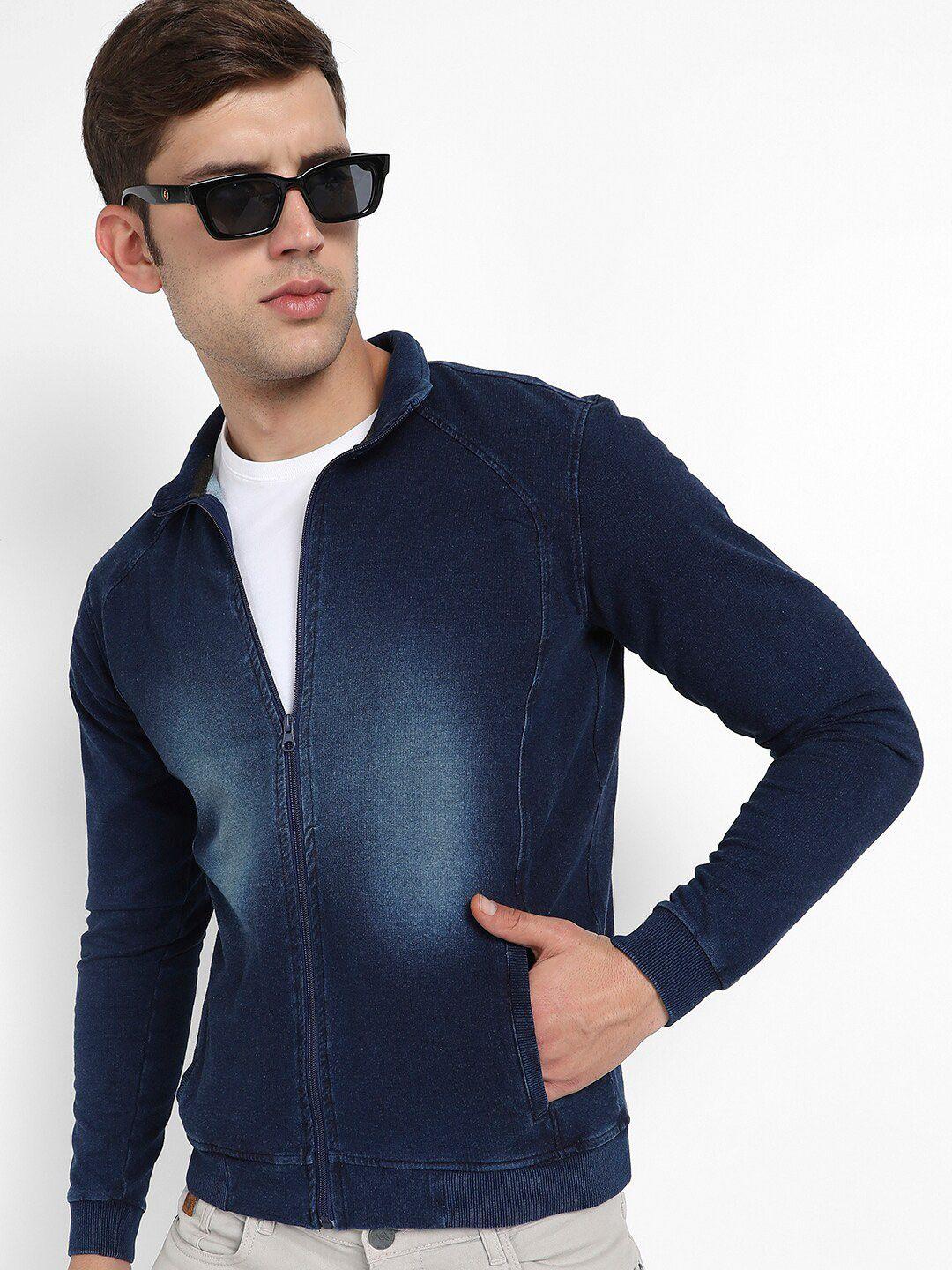 campus sutra navy blue windcheater washed mock collar cotton bomber jacket