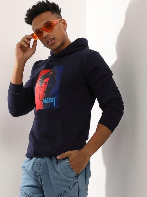 campus sutra navy cotton regular fit printed hooded sweatshirt