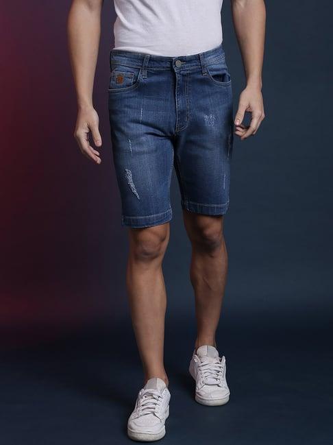 campus sutra navy distressed regular fit shorts