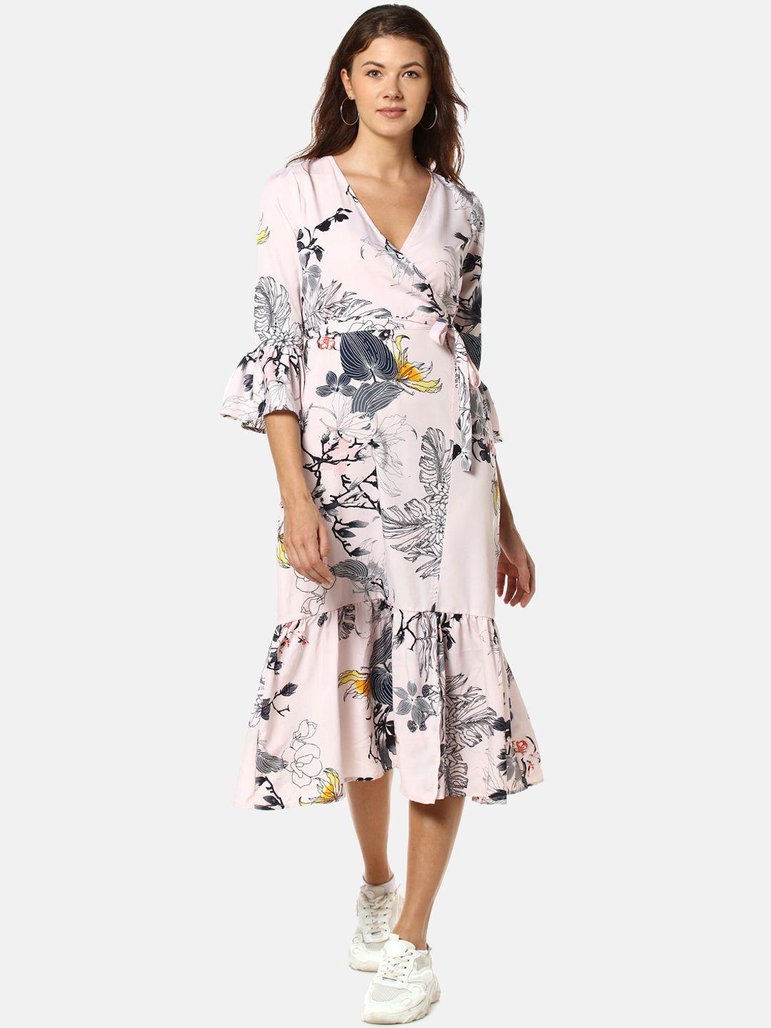 campus sutra off-white & grey floral midi wrap dress