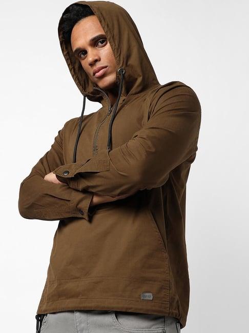 campus sutra olive cotton regular fit hooded jacket