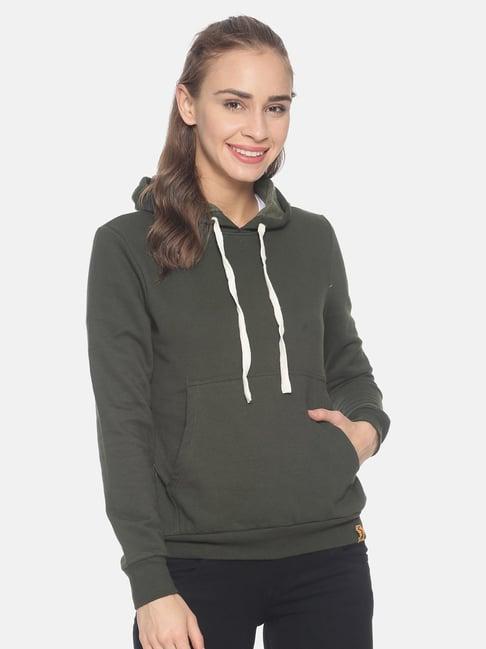 campus sutra olive full sleeves hooded sweatshirt