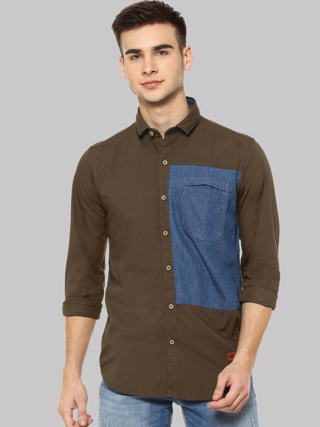 campus sutra olive green colourblocked classic fit cotton casual shirt