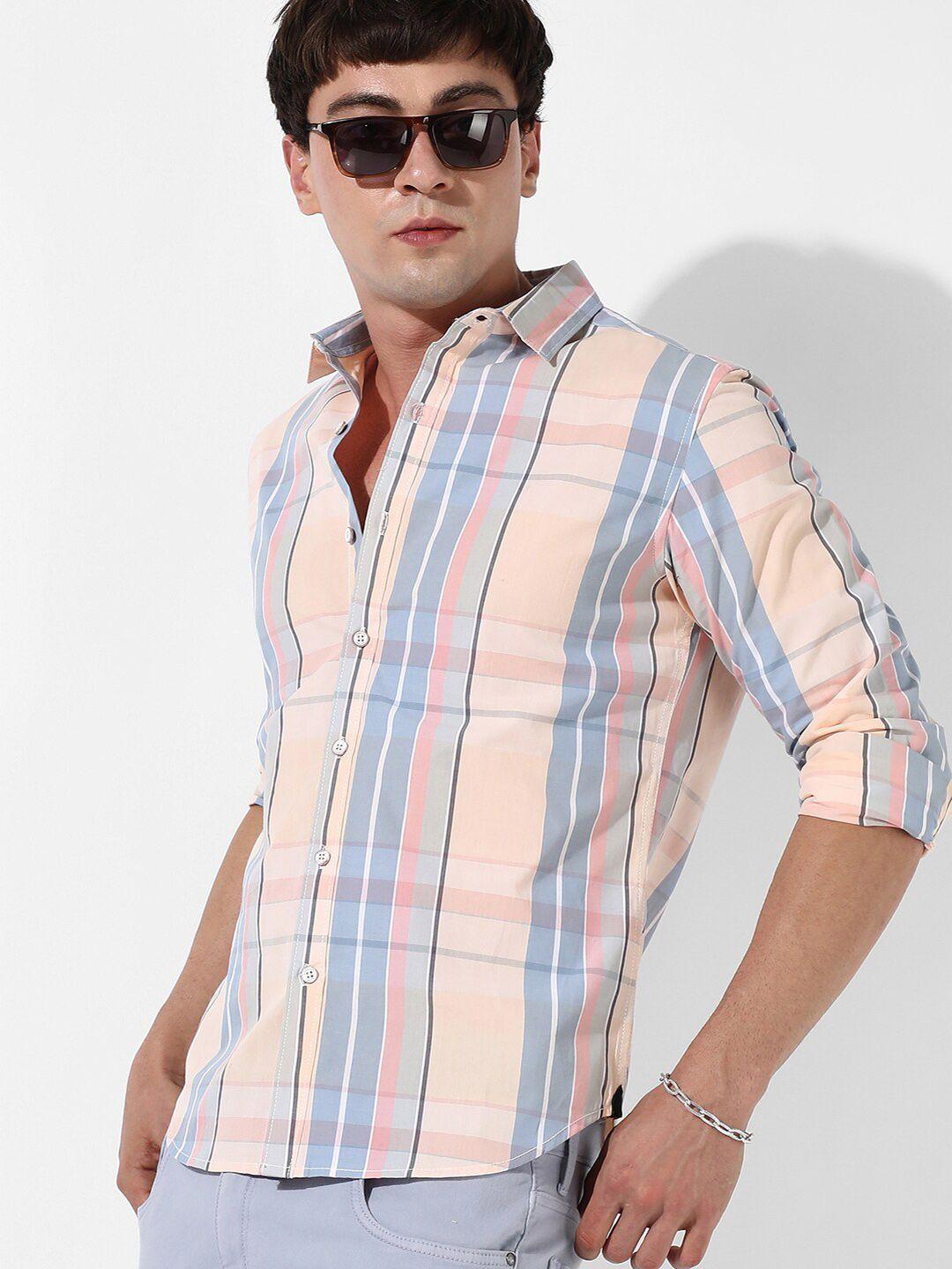 campus sutra orange & blue tartan checked classic fit cotton casual shirt