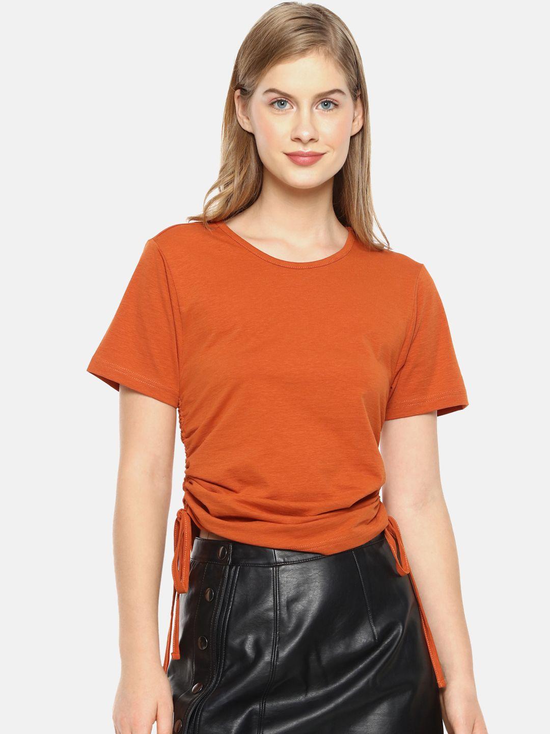 campus sutra orange cinched waist crop top