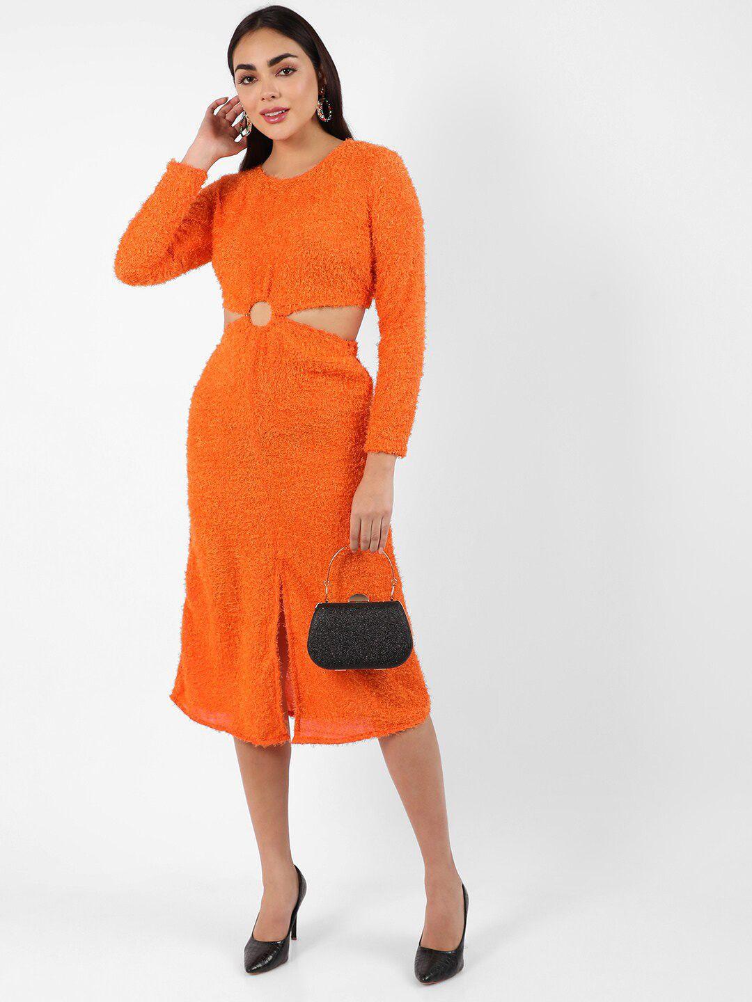 campus sutra orange-coloured cut-outs sheath midi dress