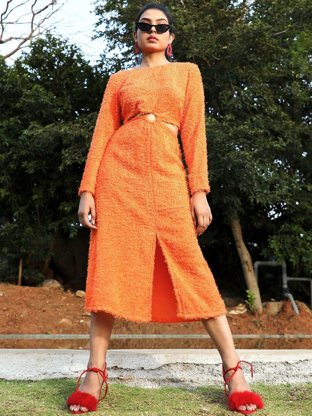 campus sutra orange cut out a-line midi dress