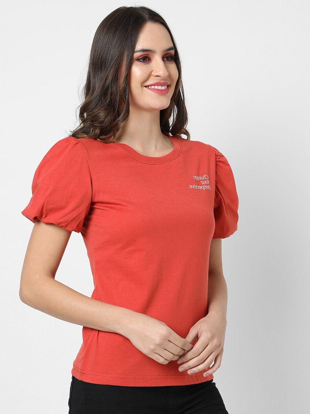 campus sutra orange puff sleeves pure cotton top