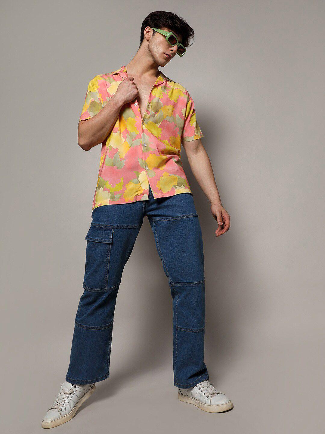 campus sutra peach & yellow classic abstract printed cuban collar casual shirt