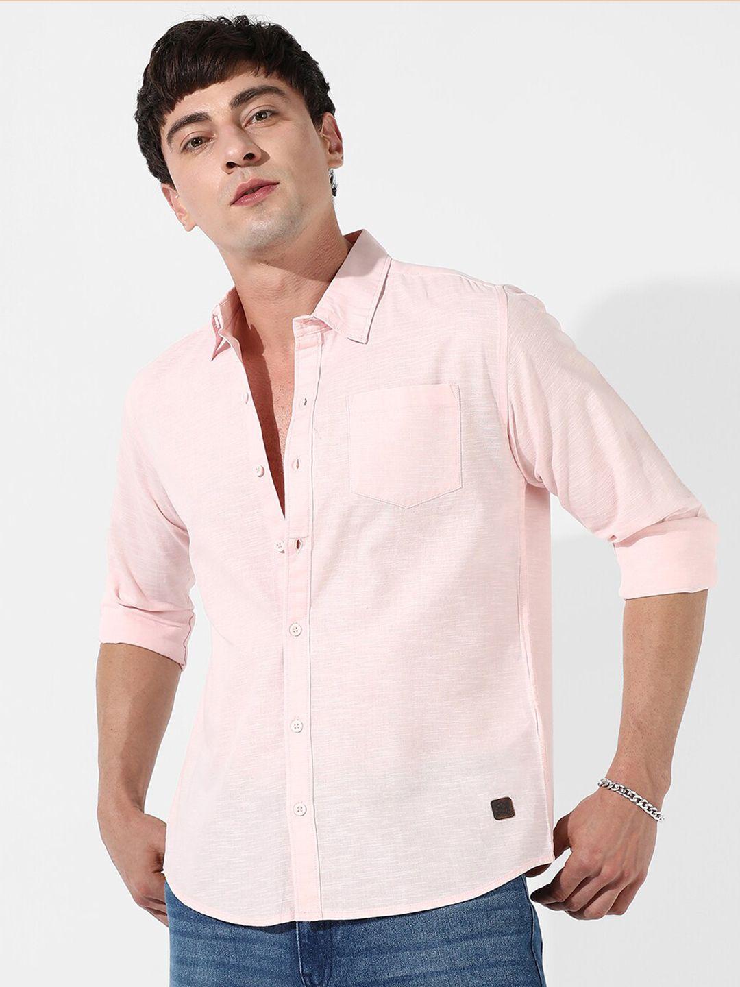 campus sutra pink classic opaque cotton casual shirt