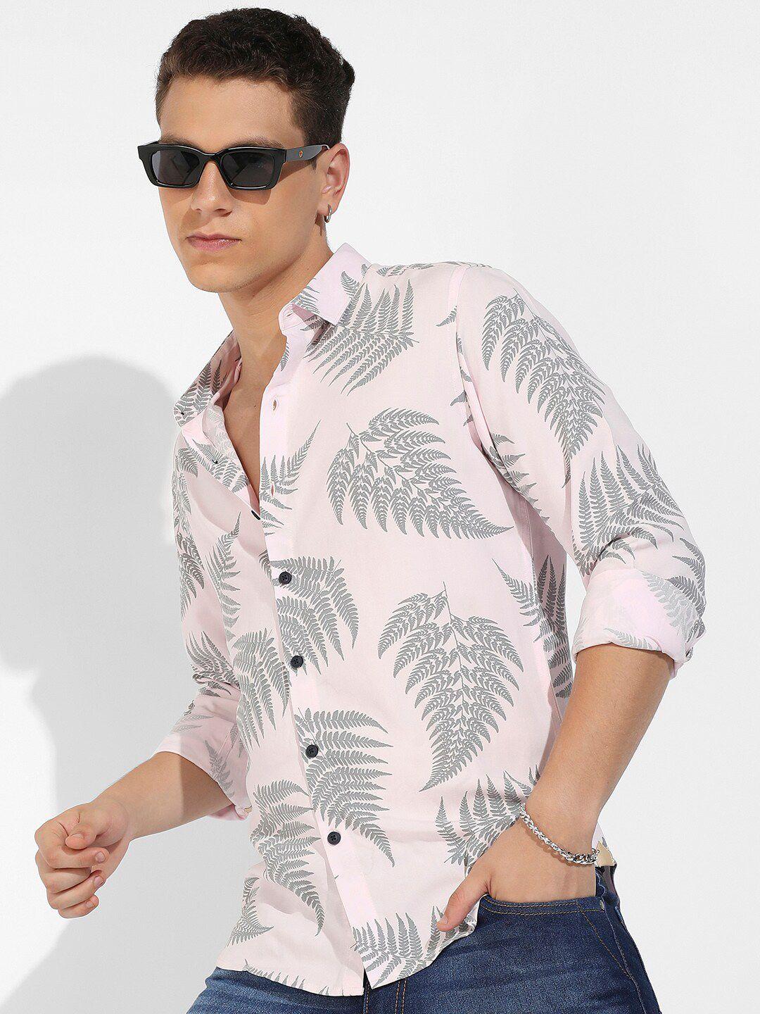 campus sutra pink classic tropical printed casual shirt