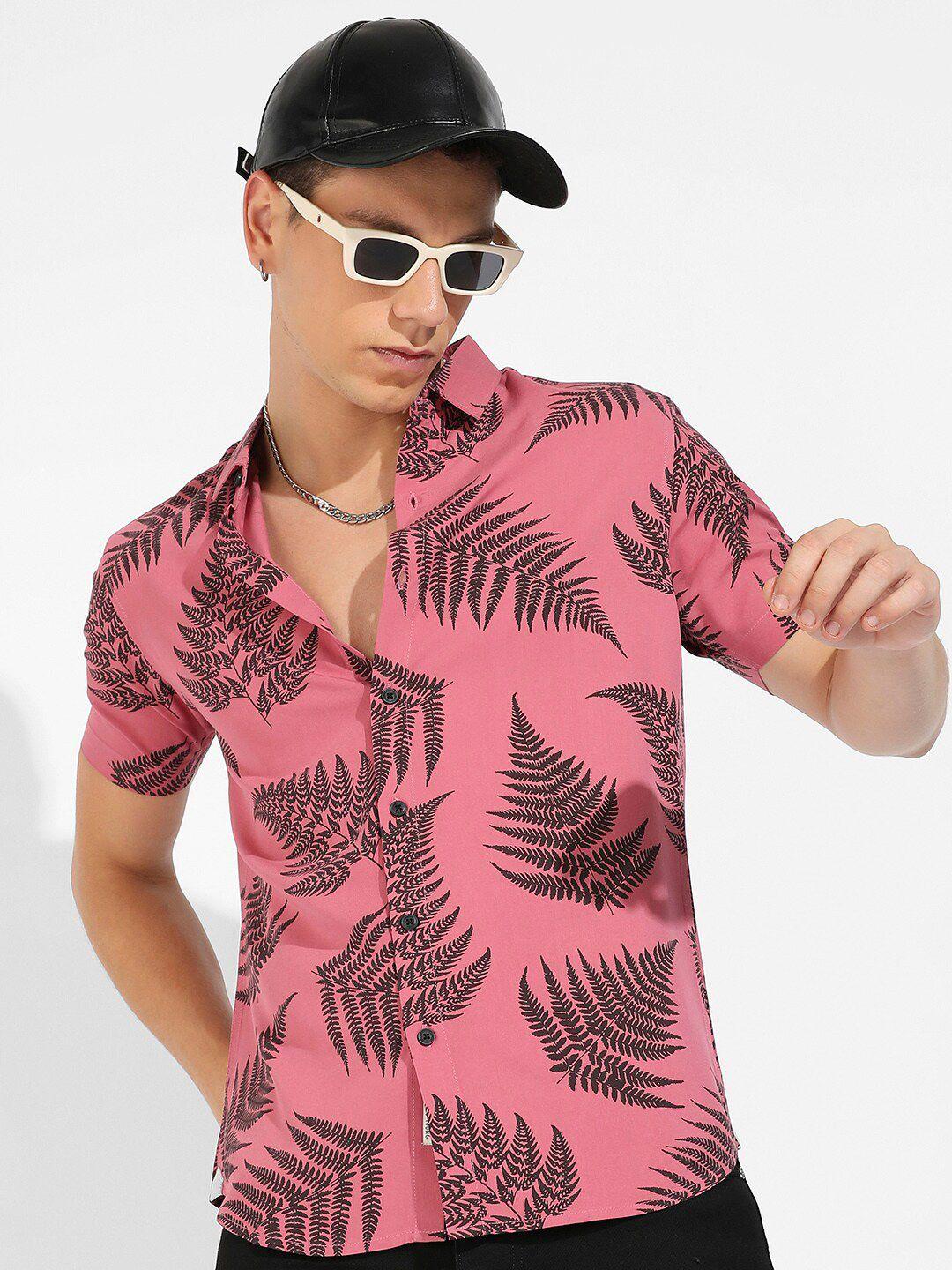 campus sutra pink classic tropical printed casual shirt