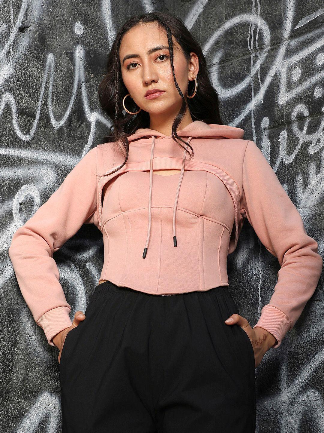 campus sutra pink hooded cotton top