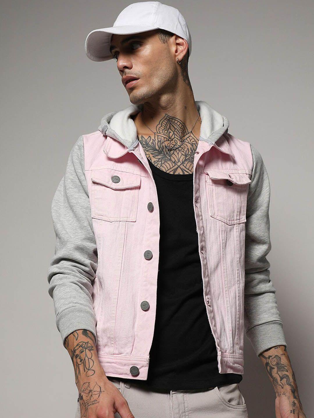 campus sutra pink long sleeves windcheater hooded denim jacket