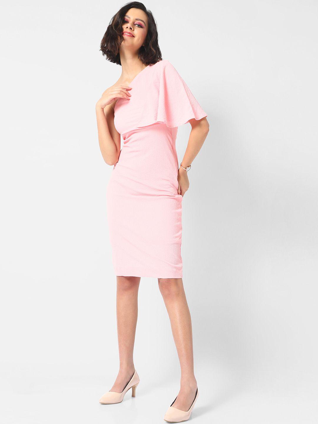 campus sutra pink one shoulder crepe sheath dress