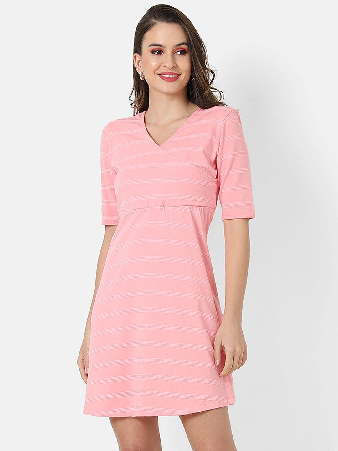 campus sutra pink striped cotton wrap dress