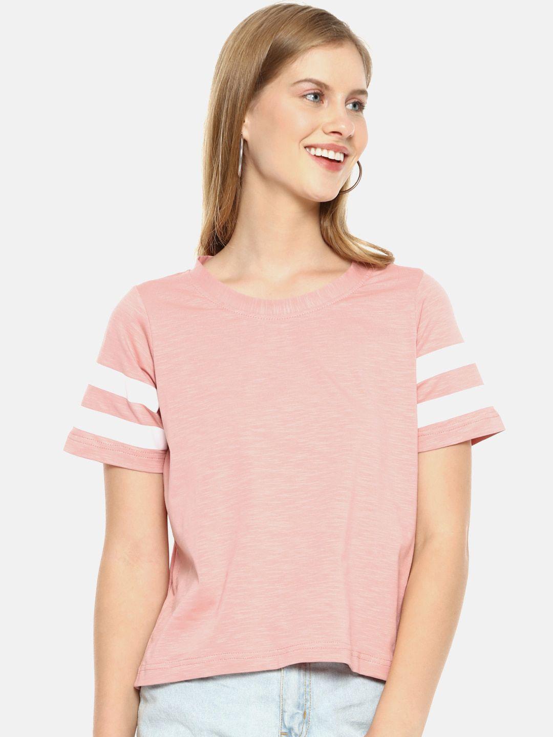 campus sutra pink striped pure cotton regular top