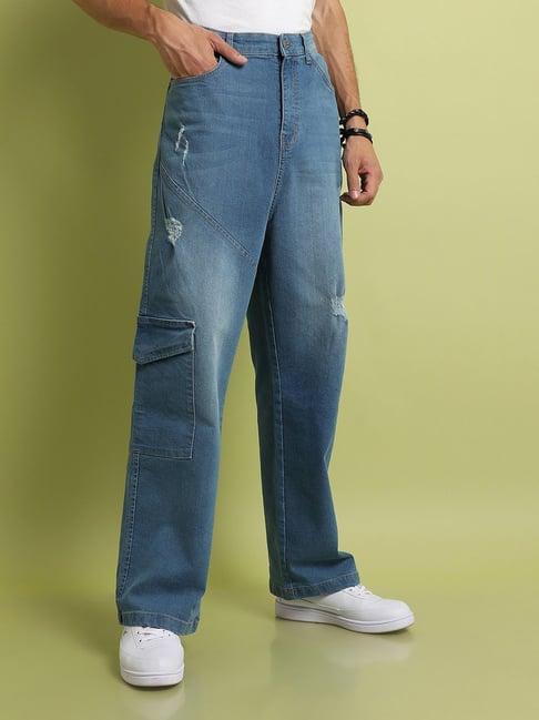 campus sutra powder blue regular fit distressed cargo jeans