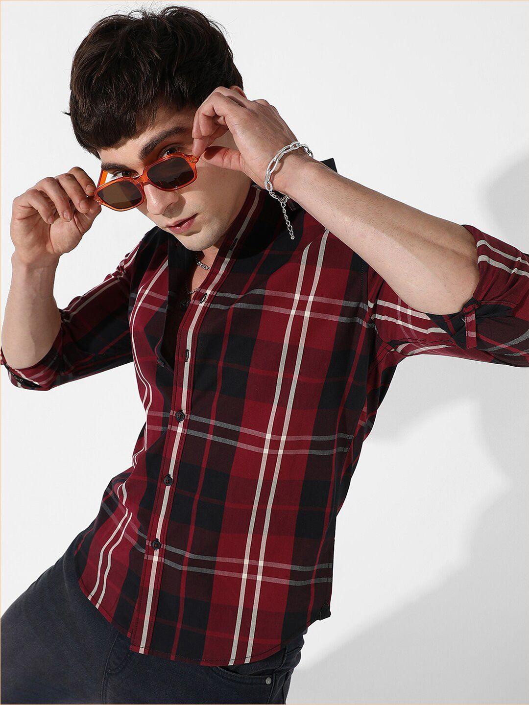 campus sutra red & black classic fit tartan checked cotton shirt