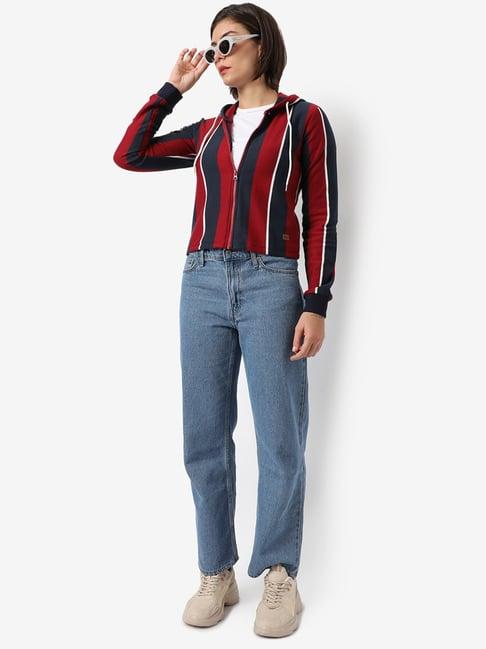 campus sutra red & navy cotton striped sweatshirt
