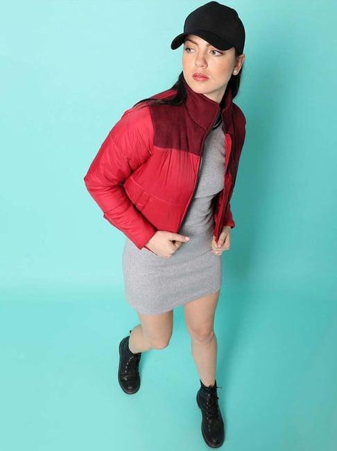 campus sutra red color-block padded jacket