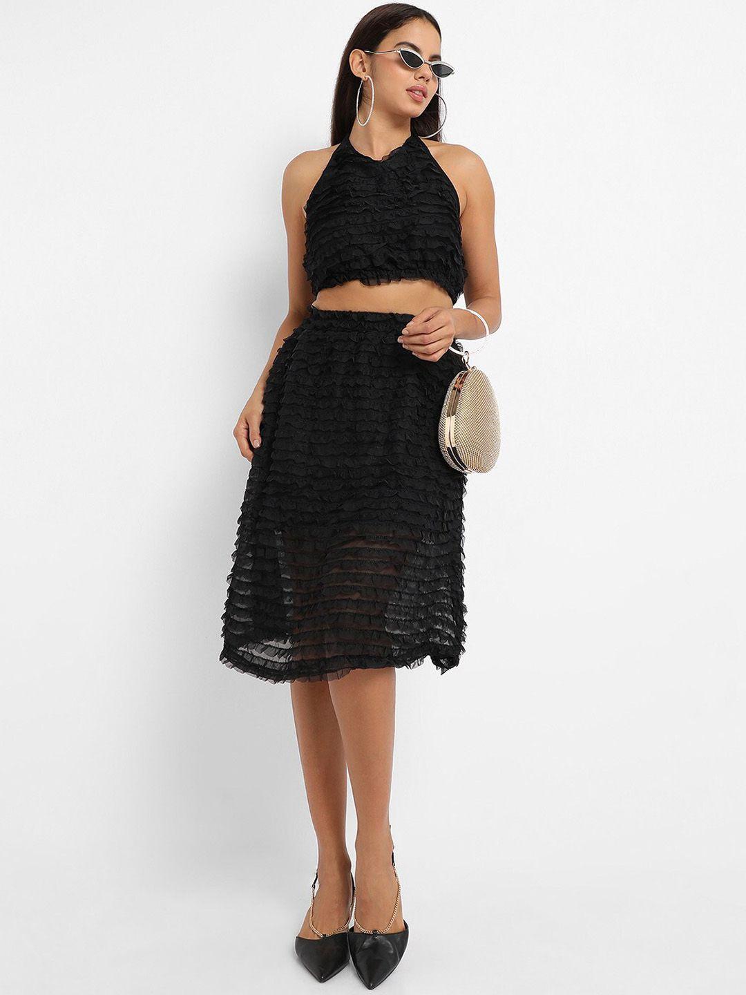 campus sutra ruffled crop top & a-line knee-length skirt co-ords