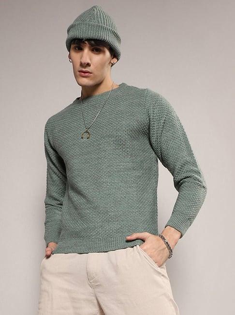 campus sutra sage green regular fit self design sweater