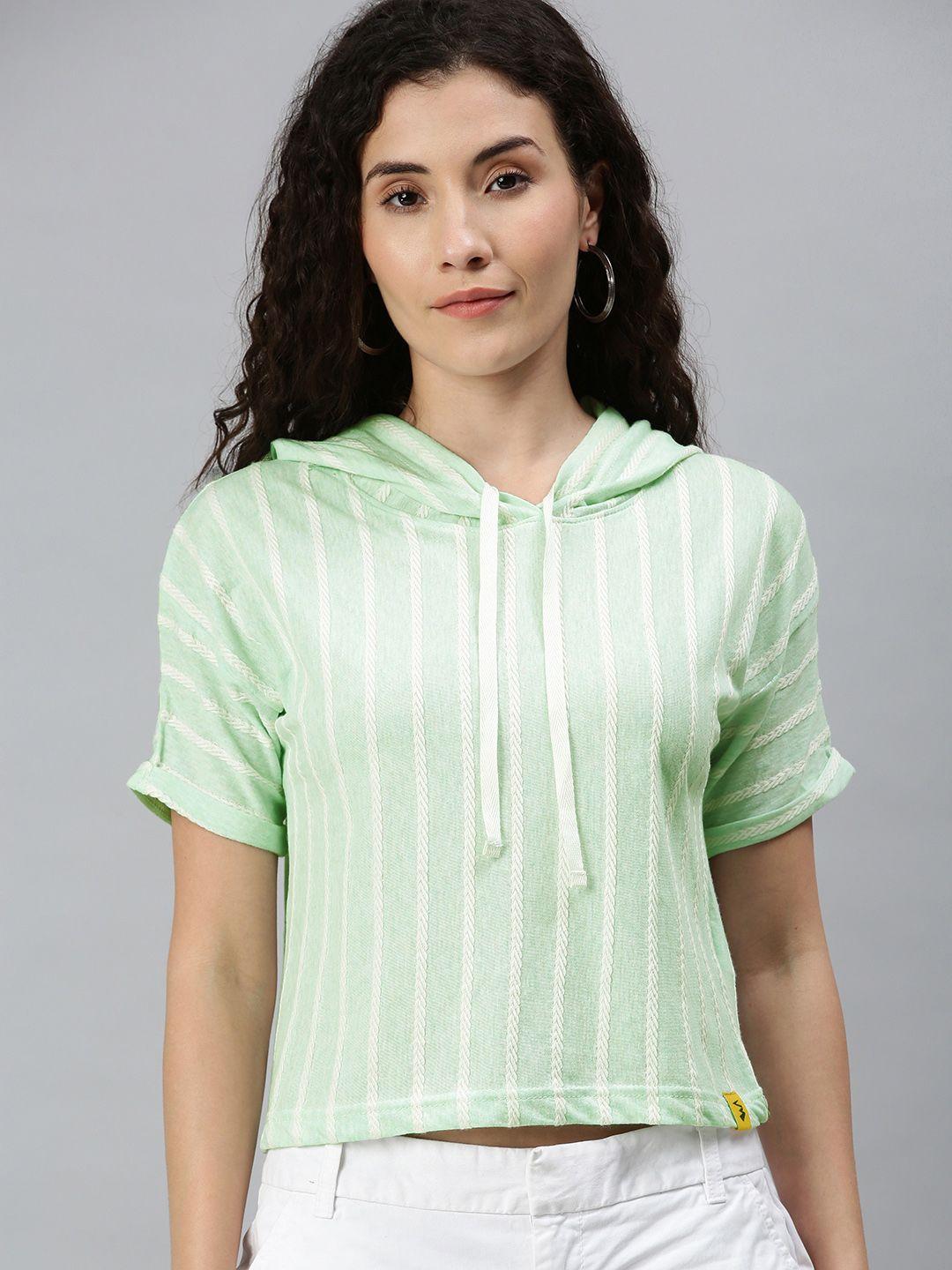 campus sutra sea green and white striped pure cotton hooded boxy top