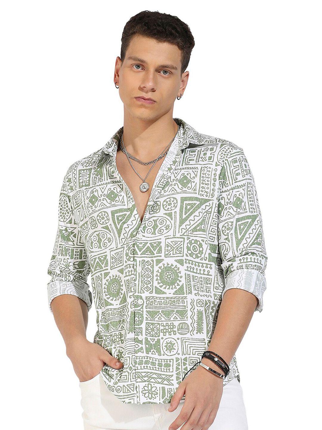 campus sutra sea green classic conversational printed casual shirt