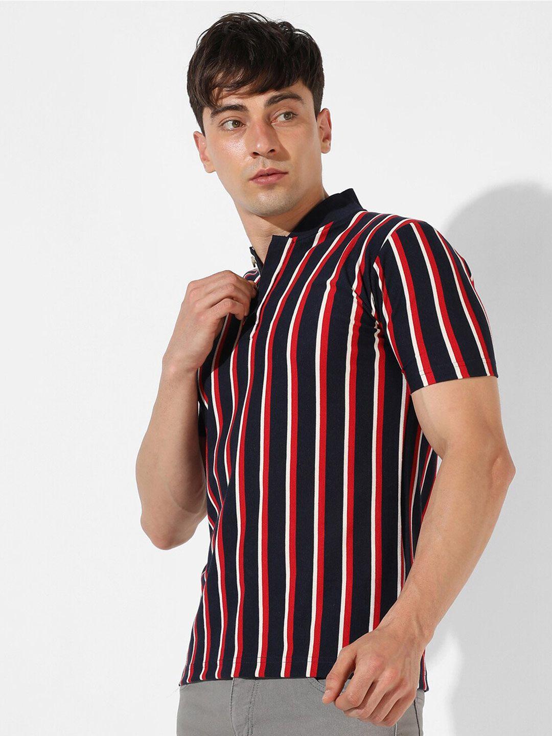 campus sutra striped henley neck cotton t-shirt