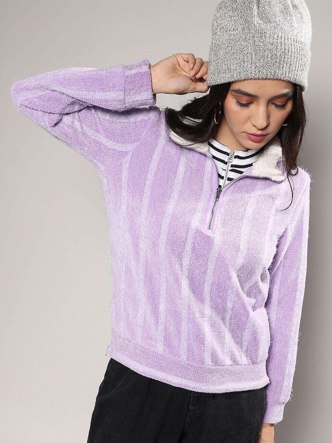 campus sutra striped high neck half zipper pullover sweatshirt