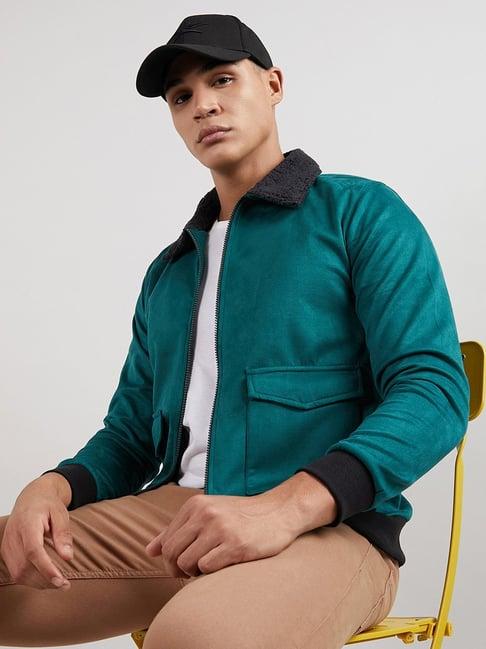 campus sutra teal green cotton regular fit jacket