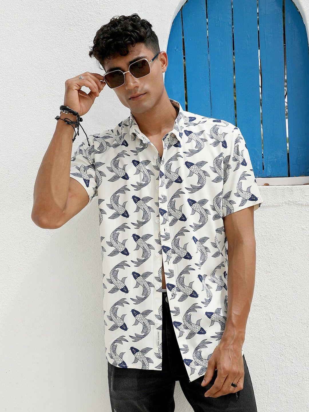 campus sutra white & blue classic conversational printed spread collar casual shirt