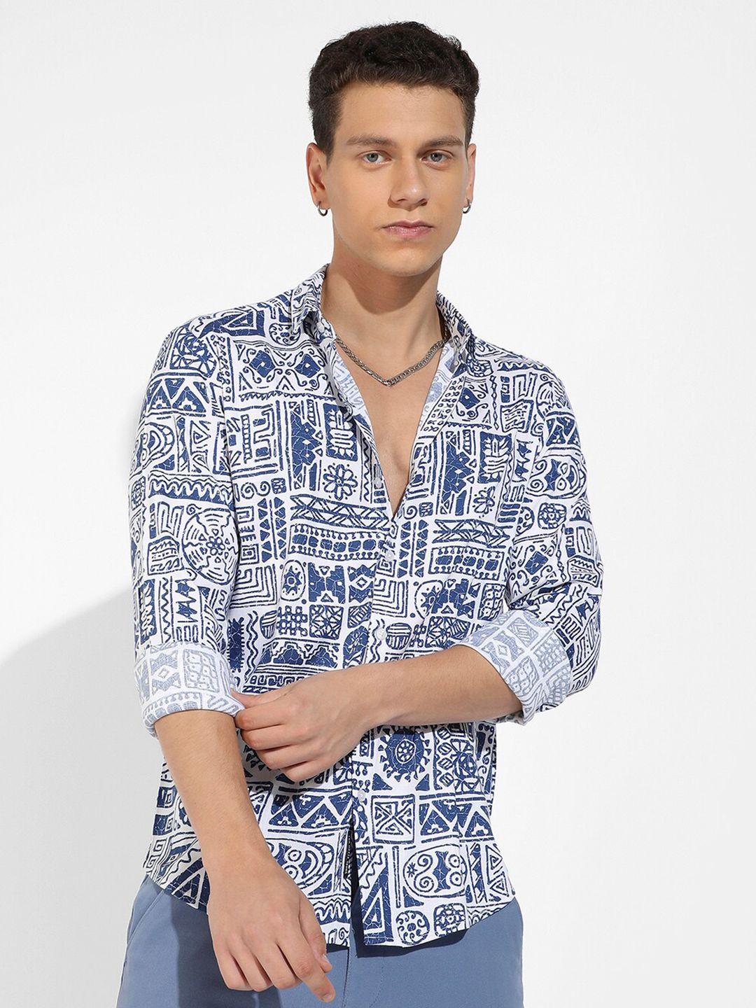 campus sutra white & blue classic ethnic motifs printed cotton casual shirt