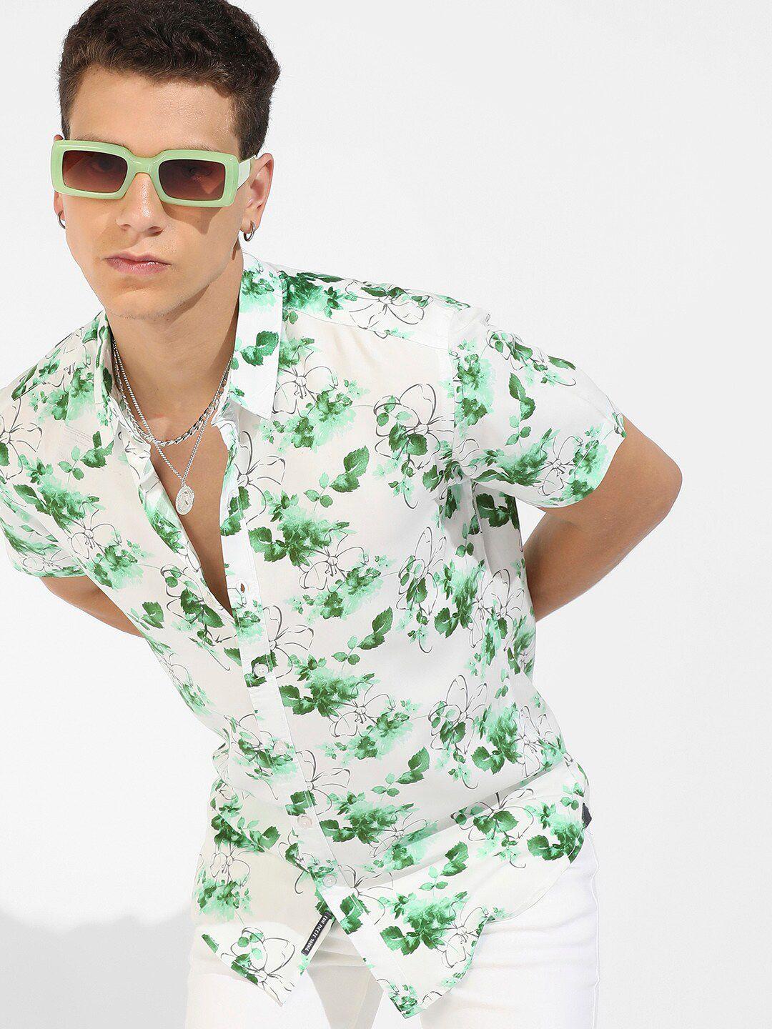 campus sutra white & green classic floral printed casual shirt