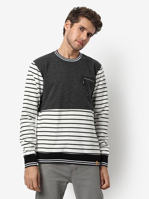 campus sutra white & grey cotton regular fit striped sweatshirt