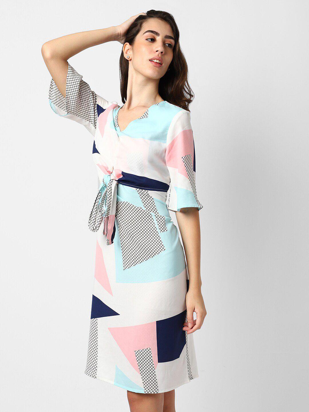 campus sutra white & grey crepe a-line dress